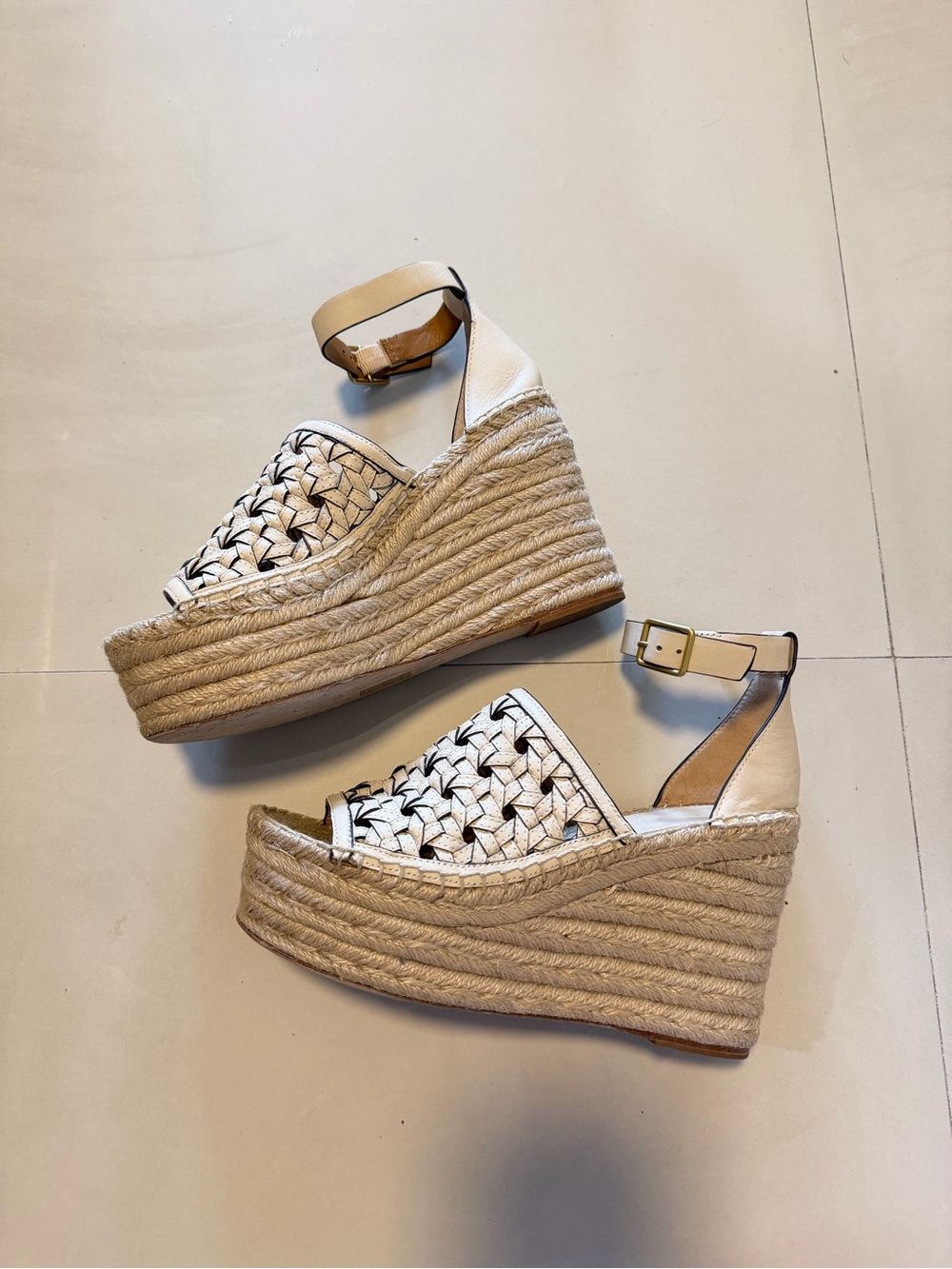 Tory Burch Cream Woven Espadrille Platform Wedge Sandals
